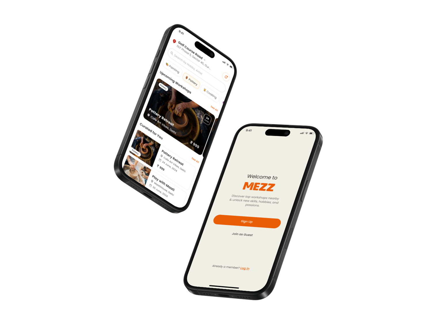 Mezz app showing workshop discovery and welcome screens